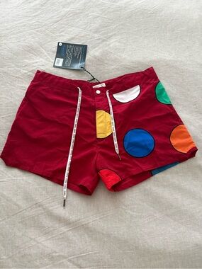 Men's Red Swim Trunks with Colorful Dot Accents